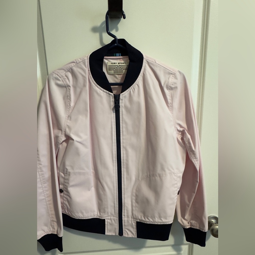 Tory Sport Lightweight Bomber Jacket.  Cotton Pink with Navy Blue Trim.  Size S